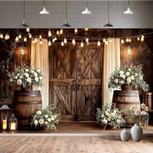 10X8FT Western Country Wedding Backdrop Rustic Barn Door White Flower Bridal Photography Backdrop Farmhouse Shabby Chic Countryside Wedding Party Banner Anniversary Floral Photo Booth Props Background - Image 3