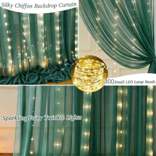 20ft x 10ft Emerald Green Chiffon Backdrop Curtain with Lights String for Parties,4 Panels Sheer Curtain Wedding Photo Backdrop for Baby Shower Birthday Party Ceremony Reception Home Decorations - Image 2