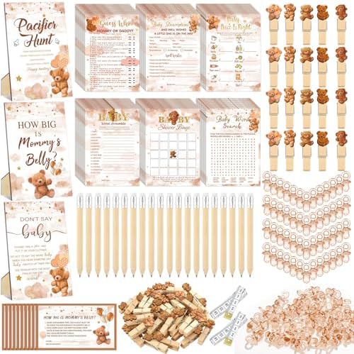 476 Pcs Brown Bear Baby Shower Games, 9 Style Baby Shower Activities by Sherr