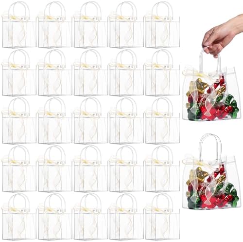 WDSHCR 50 PCS Clear Plastic Gift Bags with Handles, Party Favor Bags with Ribbons, Reusable Goodie Tote Bags for Wedding, Baby Shower, Birthday (Clear 6.9 x 6.9 x 3.7, 50 Pack) by WDSHCR