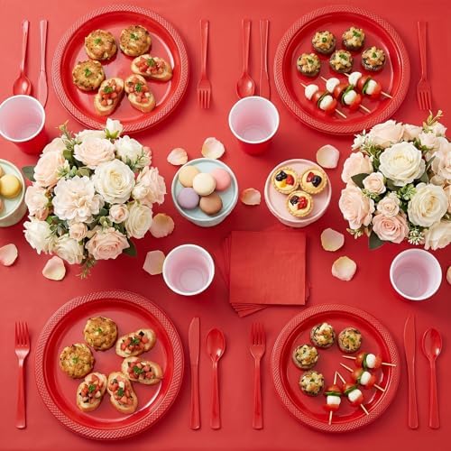 Tinybee 352 Pcs Red Plastic Plates, Disposable Dinnerware Set for 50 - Image 4