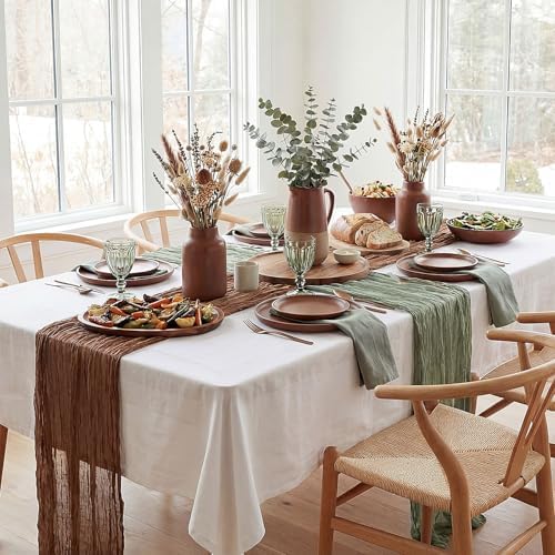 8 Pcs Sage Green and Brown Cheesecloth Table Runner 118" - Image 4