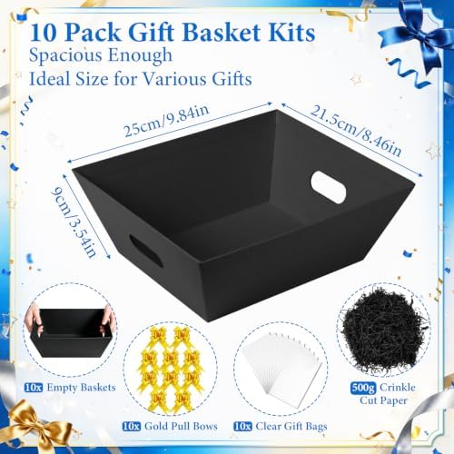 EVELOMO 10 Pack Empty Gift Baskets to Fill - 10" x 8" Large Baskets for Gifts Empty, Sturdy DIY Gifts Baskets Sets with 500g Crinkle Cut Papers for Birthdays Weddings Parties & Holidays (Black) - Image 2