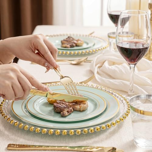 WDF Partyware 350PCS Green Plates Disposable - Sage Green Plastic Plates 50Guests Plastic Dinnerware with Rolled Napkins for Party/Birthday - Image 3