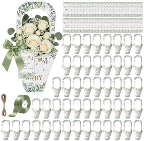 EYNDYN 50 Set Flower Bar Supplies Bouquet Holder Flower Bags for Baby Shower Party with Handle Paper 1 Roll Crafting Ribbon Wrapping Sleeves for Baby Shower Boys Girl's Kid's Birthday Parties by EYNDYN