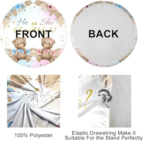 AOFOTO 7.2x7.2ft Bear Round Backdrop Cover Cute Bear Floral Printed Photography Background He or She What Will Baby Be Blue Pink Circle Arch Backdrop Banner Gender Reveal Baby Shower Party Supplies - Image 3