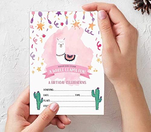 Pack of 30 Llama Kids Birthday Invitations, Boys or Girls Invite, Alpaca Cactus Sleepover Themed, Children or Toddlers Baby First or 1st Bday Theme Supplies,Fill in the Blank Cards - Image 5