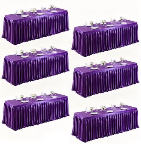 6 Packs Purple Satin Tablecloths Rectangle 6FT, Glitter Spandex Fitted Stretch Table Covers Wrinkle-Free Floor Length Shimmer Table Skirt for Weddings Parties Baby Shower Banquets Vendor Events by Partisky