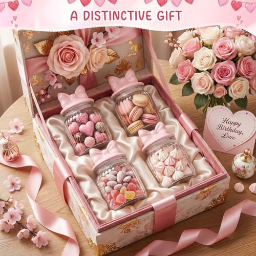 Potchen Pink Bow Candy Jars Airtight Glass Cookie Jars with Ceramic Bow Lid Cute Clear Stripes Cookie Storage Canister for Spring Summer Baby Shower Party(4 Sets,8oz) - Image 4