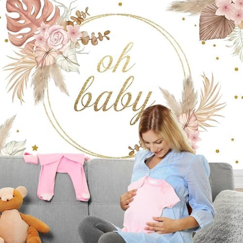 15x8ft Baby Shower Backdrop Boho Bohemian Floral Oh Baby Gold Dots Pampas Grass Photography Background Girls Baby Shower Party Decorations Banner Supplies Photo Studio Props - Image 5