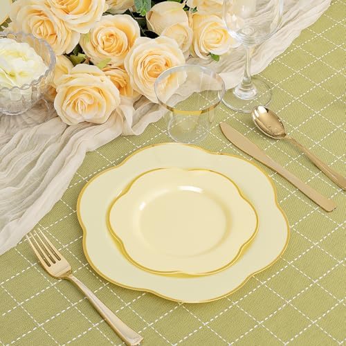 Liacere 50PCS Yellow Plastic Plates - Heavy Duty Yellow Disposable Plates -Yellow and Gold Plates Include 25PCS 7inch Desert Plates and 25PCS 10inch Dinner Plates for Party & Baby Shower & Wedding - Image 4