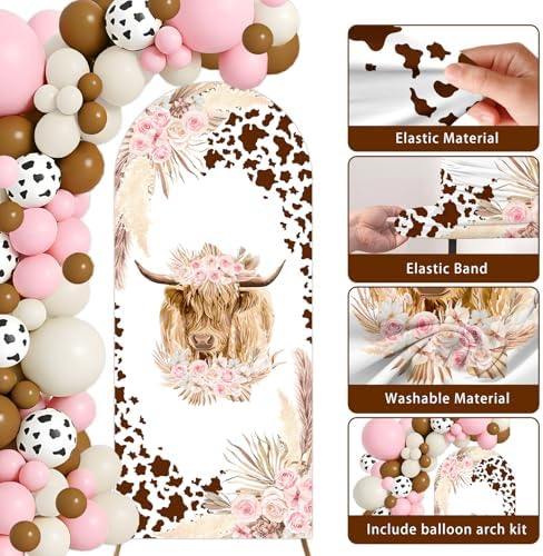 Highland Cow Baby Shower Decorations Arch Backdrop Covers and Balloon Garland Arch Kit 6ft Brown Floral Cow Print Cattle Backdrop for Highland Cattle Birthday Party Baby Shower Decorations Supplies - Image 5