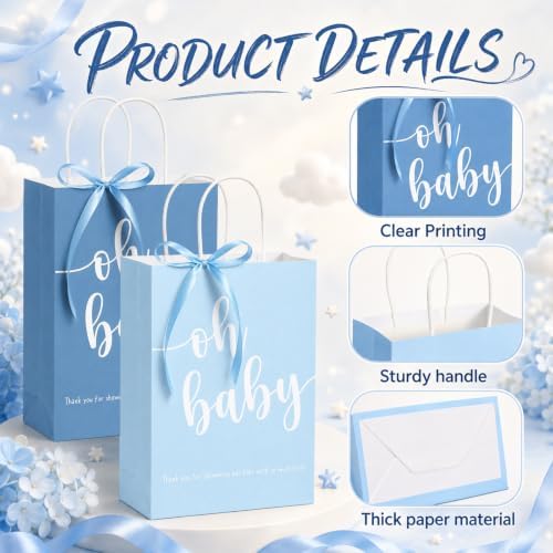 Gersoniel 50 Packs Baby Shower Gifts Bags Bulk 5.91 x 3.15 x 8.27 Inches Baby Shower Favor Bags with Handle Ribbon Thank You Gift for Party Favor for Guests Gifts Gender Reveal (Blue) - Image 3