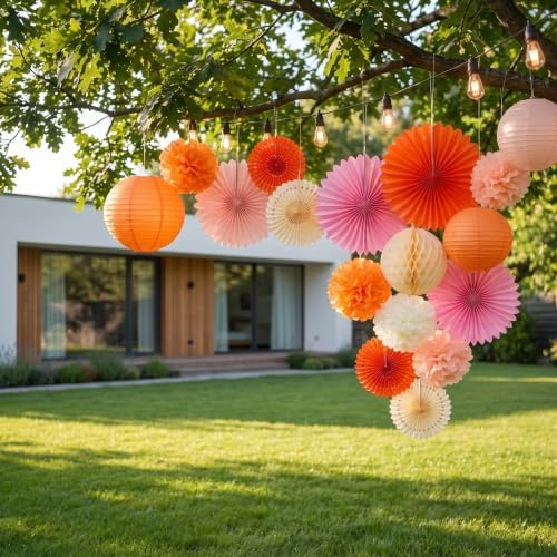 JOINPAYA 1set Fall Party Decoration with Pom Poms Flower Paper Fan Lantern - Image 5