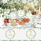 Ceenna 452 Pcs First Communion Party Decoration Boy for 50, Green Baptism Paper Plate Napkin Cup Tablecloth Cutlery Straw God Bless Disposable Tableware for Christening Religious Baby Shower Supplies - Image 6