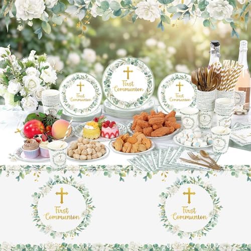 Ceenna 452 Pcs First Communion Party Decoration Boy for 50, Green Baptism Paper Plate Napkin Cup Tablecloth Cutlery Straw God Bless Disposable Tableware for Christening Religious Baby Shower Supplies - Image 6