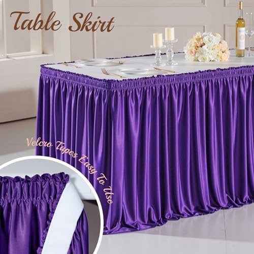 17ft Length Purple Satin Table Skirt for Rectangle Tables, Wrinkle Resistant Pleated Ruffle Table Cloth Glitter Desk Skirting for Weddings Banquet Birthday Party Bridal Shower Decorations - Image 4