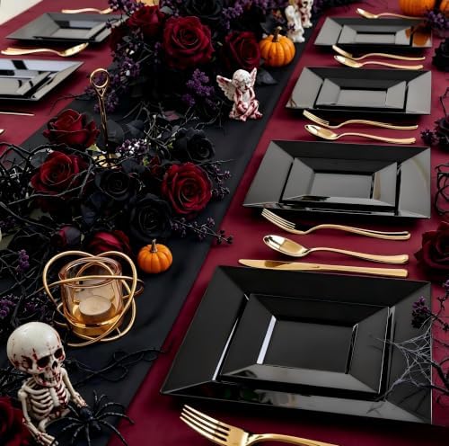 Liacere100PCS Black Plastic Plates-Premium Black Square Disposable Plates-Include 50PCS 9.5inch Dinner Plates - 50PCS 6inch Dessert Plates for Party & Wedding - Image 2