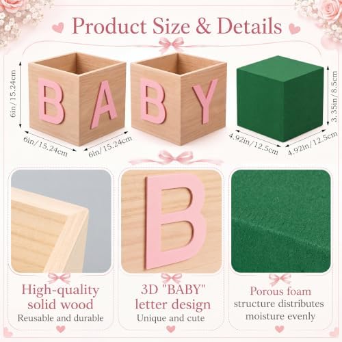 4 Sets Baby Shower Centerpieces for Table, 6 Inch Wood Boxes with Floral Foam Blocks Cube Planter Vase with Baby Letters for Babys Shower Gender Reveal Party Favor Table Decor(Pink) - Image 2