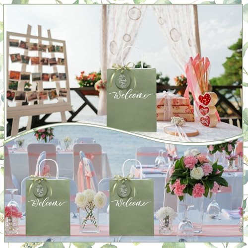 Queekay 36 Pcs Large Welcome Paper Gift Bags with Handle 10.6 x 8.3 x 4 Inches with 36 Tags Wedding Church Party Favor Bridal Gift Bags for Guest Birthday Baby Shower(Classic,Sage Green) - Image 6