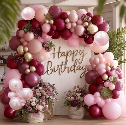 Burgundy Pink Balloon Garland Double Stuffed Pastel Pearl Pink Gold Mauve Balloons Maroon Latex Plum Balloon Arch Kit for Women's Birthday Wedding Baby Shower Decoration - Image 2