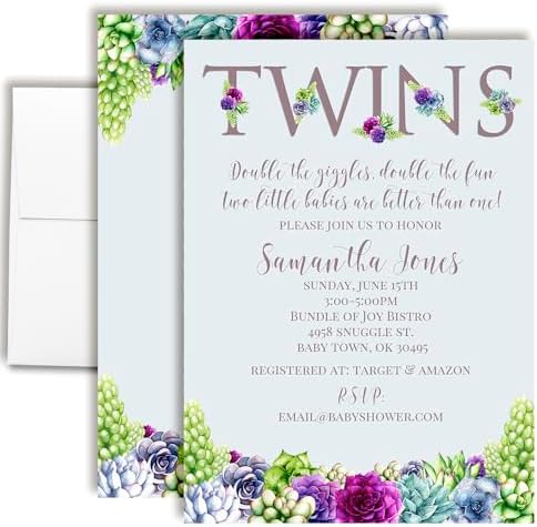 Amanda Creation Custom Baby Shower Invites Baby Succulents Twins Baby Shower Invitation 20 5x7 Custom Personalized S Invites With Envelopes by AmandaCreation