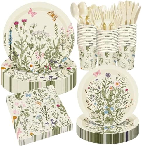 400 Pcs Wild Floral Disposable Paper Plates Napkins Cups Serve 50 Watercolor Floral Tableware Set for Spring Wedding Tea Party Decoration Bridal Baby Shower(Vintage Color, Classic Style) by Sunnychicc