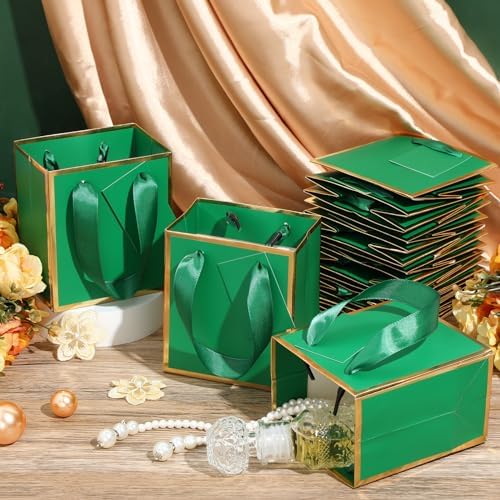 Yeaqee 50 Pcs Mini Paper Gift Bags with Handles Tag, Dark Green,Gold - Image 5