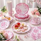 Pickmesh 252 Pcs Pink Floral Tea Party Supplies for 36 Guests Pink and White Porcelain Paper Disposable Dinnerware Floral Teacups with Handle and Saucers Set for Tea Party Decorations Birthday Wedding - Image 4