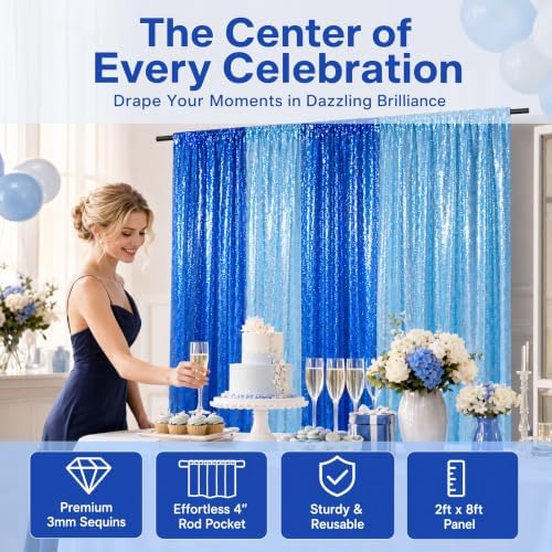 ShinyBeauty Baby Blue & Blue Sequin Backdrop 4 Panels Photo Curtains 2x8FT - Image 5
