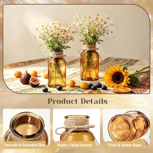 Mason Jar Glass Vases 6 Pack, Amber Flower Vase for Centerpieces - Image 3