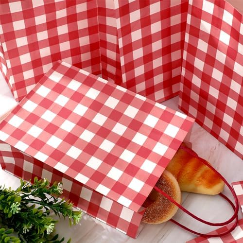 JarThenaAMCS 100Pcs Christmas Red White Checkered Kraft Paper Bag With Handles Gingham Treat Gift Bags Candy Goodie Bag for Baby Shower Birthday Party Favors Supplies - Image 5