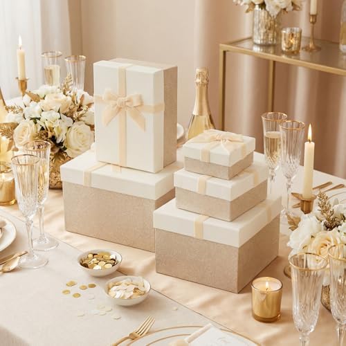 Cholemy 5 Pcs Christmas Nesting Gift Box with Lid Velvet Ribbon, Champagne - Image 5