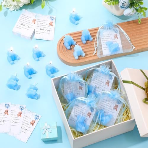 Poen 50 Sets Bear Candles Gender Reveal Cute Candle 50 Bear Thank You Card and Gift Bags Girl Boy Baby Shower Return Gifts for Guest(Blue) - Image 5