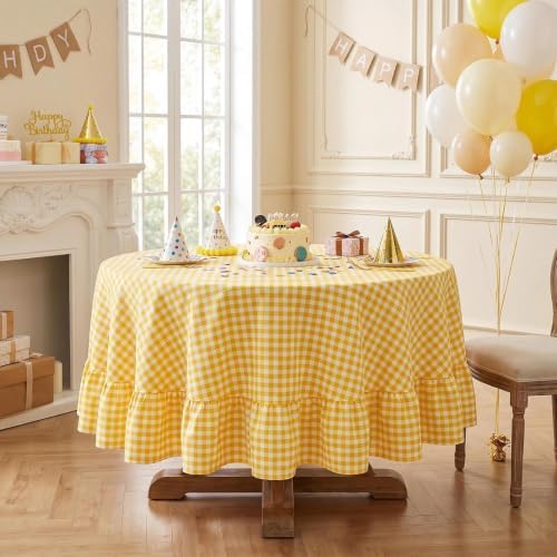 Eternal Beauty Gingham Ruffled Tablecloth Butter Yellow White 70 Round Fall - Image 4