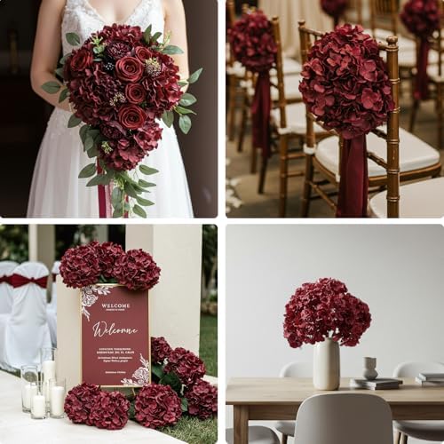 Auihiay 204Pcs Burgundy Hydrangea Artificial Flowers Bulk, Silk Hydrangeas - Image 5
