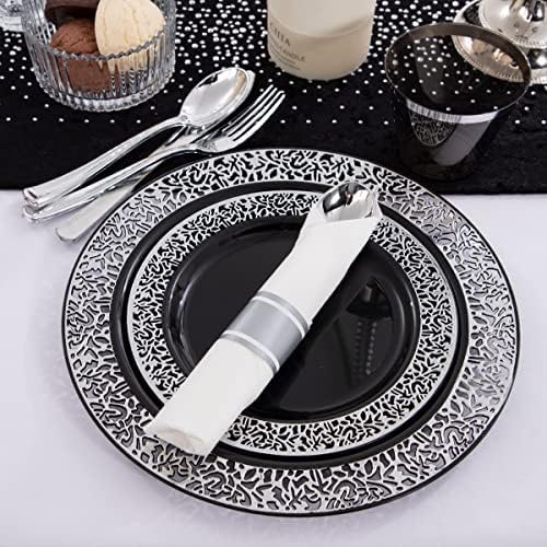 NOCCUR 210PCS Black and Silver Dinnerware Set for 30 Guests - Black Plastic Plates with Silver Rim Include 30 Dinner / 30 Dessert Plates, 30 Prewrapped Silverware, 30 Cups Ideal for Party/Graduation - Image 2