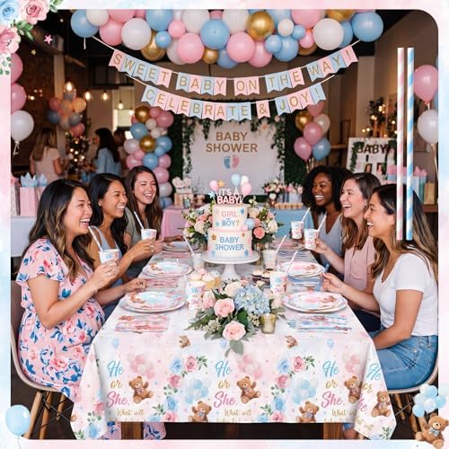 LemonRoad 452 Pcs Bear Gender Reveal Party Decoration for 50, He or She Gender Reveal Paper Plates Napkins Cups Tablecloth Cutlery Straws Pink Blue Disposable Tableware for What Will Baby Be Supplies - Image 6