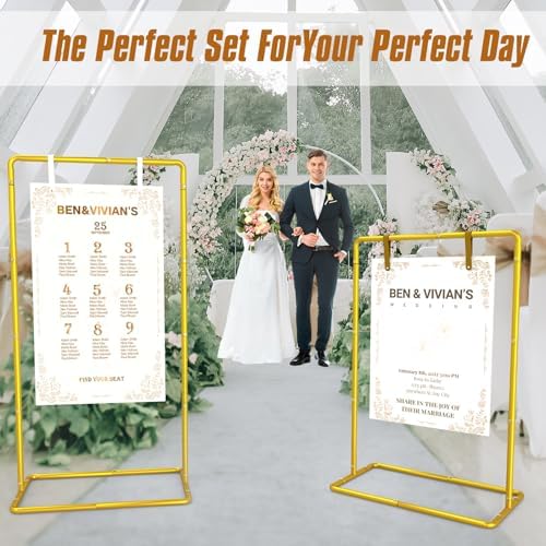 Wedding Sign Holder Adjustable Welcome to Our Wedding Sign Stand 68”x31”x 20”Heavy Duty Metal Easel for Signs,Include 6 Sign Hanging Straps &Storage Bag& for Signs& Seating Charts & Event Decor(Gold) - Image 2