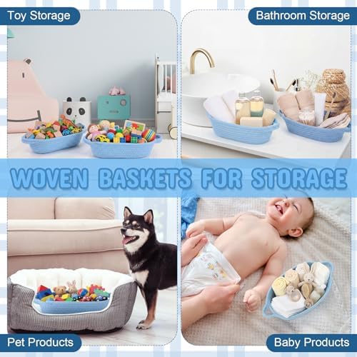 Blue 12 Set Small Woven Gift Basket with Gift Bags Ribbons Empty Gifts Baskets Woven Rope Storage Basket with Handles for Birthday Baby Shower Nursery Toy Organizer 9.1"x 5.1" x 2.8" - Image 6