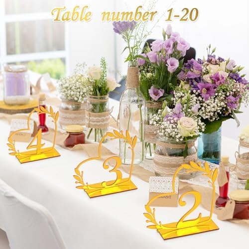 Wedding Table Numbers 1-20, Gold Heart Design with Leaf Detail, Freestanding Metal Table Decor - Image 5