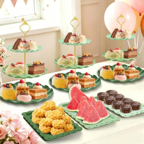 9Pcs Cupcake Stand & Serving Tray Set – 3 Tier Dessert Cake Stands, Cookie Display Stand，for Party Wedding Birthday Baby Shower, Gradient Dessert Table Display Stands Cookie Tray Rack（Green,Round - Image 7