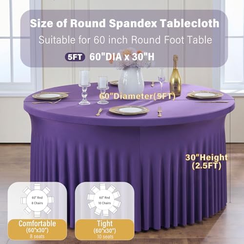 6 Pack Purple Spandex Round Tablecloths for 60 inch Table, Wrinkle Free Stretchy 120inch Fitted 5FT Round Table Cover Cloths with Skirt for Wedding Party Dining Banquet - Image 6