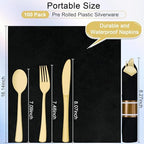400 PCS Pre Rolled Cutlery Sets, Premium Gold Plastic Flatware Set Wrapped in Black Napkin, Disposable Cutlery Set with 100 Forks, 100 Knives, 100 Spoons, 100 Napkins for Wedding, Party, Dinner - Image 4
