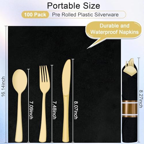 400 PCS Pre Rolled Cutlery Sets, Premium Gold Plastic Flatware Set Wrapped in Black Napkin, Disposable Cutlery Set with 100 Forks, 100 Knives, 100 Spoons, 100 Napkins for Wedding, Party, Dinner - Image 4