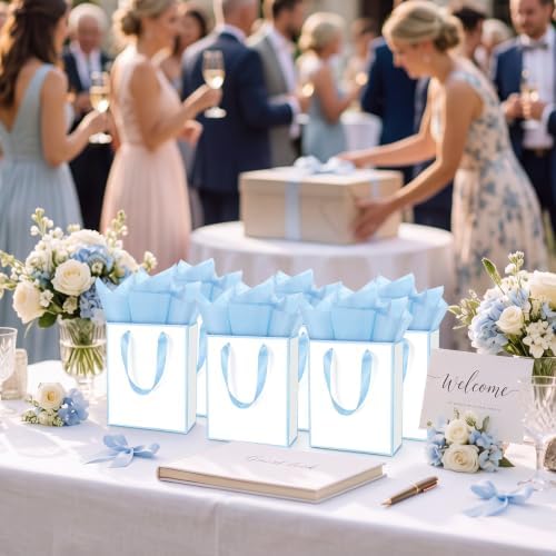 Yeaqee 50 Pcs Metallic Paepr Gift Bags Bulk with Handles,White, Blue - Image 6