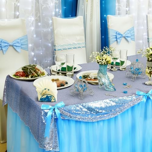 5 Pcs Princess Party Decor Blue Silver Sequin Tulle Table Skirt 30 x 108 in - Image 6
