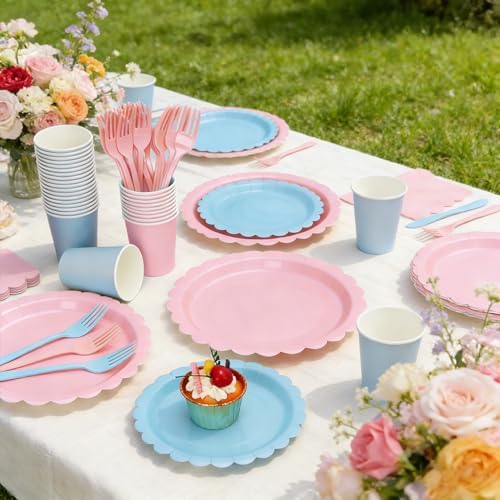 200Pcs Pink and Blue Party Plates and Napkins, 9’’and 7’’ Disposable Scalloped Paper Plates Cups Napkins Forks Set Party Supplies for Birthday, Baby Shower, Gender Reveal Party Decorations, Serves 40 - Image 4