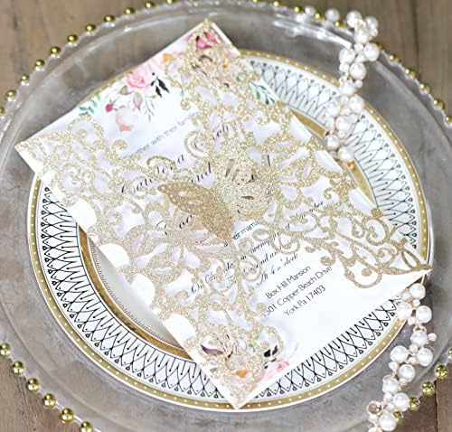 50sets Glitter Laser Cut Lace Flora Wedding Invitation Cards with Butterfly and Envelopes for Bridal Shower Engagement Quinceañera Wedding Invite (Only invitation Cards, Glitter Light Gold) - Image 4