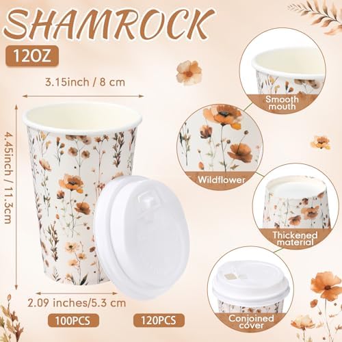 Funnymoom 100 Pieces Fall Floral Disposable Paper Cups with 120 Lids 12 oz Coffee Wildflower Coffee Cups for Autumn Floral Themed Birthday Bridal Wedding Tea Party Baby Shower Party Decorations - Image 2